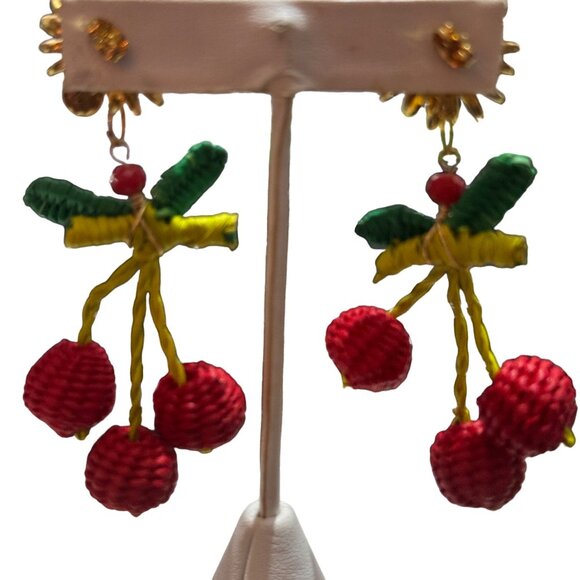Hand Made Cherry Raffia & Beaded Dangle Earrings Evelyn Ariza - Picture 4 of 5